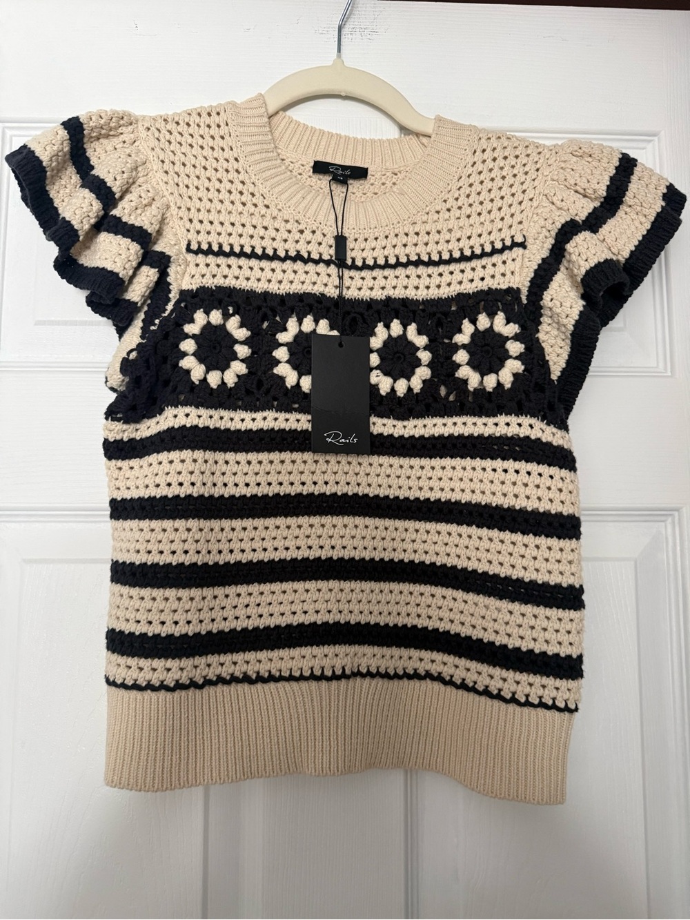 Rails Cream and Black Crochet Stripe Short Sleeve Sweater